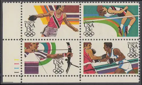 USA Michel 1644-1647 / Scott 2048-2051 postfrisch PLATEBLOCK ECKRAND unten links m/ Platten-# 1111 (d) - Olympische Sommerspiele 1984, Los Angeles