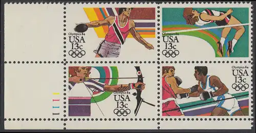 USA Michel 1644-1647 / Scott 2048-2051 postfrisch PLATEBLOCK ECKRAND unten links m/ Platten-# 1111 (b) - Olympische Sommerspiele 1984, Los Angeles