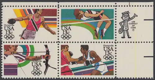 USA Michel 1644-1647 / Scott 2048-2051 postfrisch ZIP-BLOCK (ur) - Olympische Sommerspiele 1984, Los Angeles