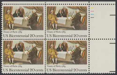 USA Michel 1650 / Scott 2052 postfrisch PLATEBLOCK ECKRAND oben rechts m/ Platten-# 1111 (b) - 200 Jahre Unabhängigkeit (1776): Friedensvertrag von Paris (1783), John Adams, Benjamin Franklin und John Jay unterzeichnen den Vertrag