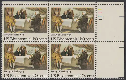 USA Michel 1650 / Scott 2052 postfrisch PLATEBLOCK ECKRAND oben rechts m/ Platten-# 1111 (c) - 200 Jahre Unabhängigkeit (1776): Friedensvertrag von Paris (1783), John Adams, Benjamin Franklin und John Jay unterzeichnen den Vertrag