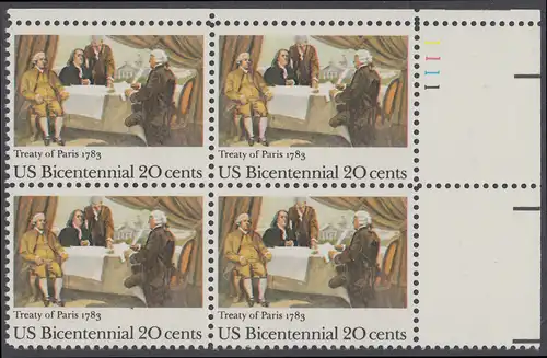 USA Michel 1650 / Scott 2052 postfrisch PLATEBLOCK ECKRAND oben rechts m/ Platten-# 1111 (a) - 200 Jahre Unabhängigkeit (1776): Friedensvertrag von Paris (1783), John Adams, Benjamin Franklin und John Jay unterzeichnen den Vertrag