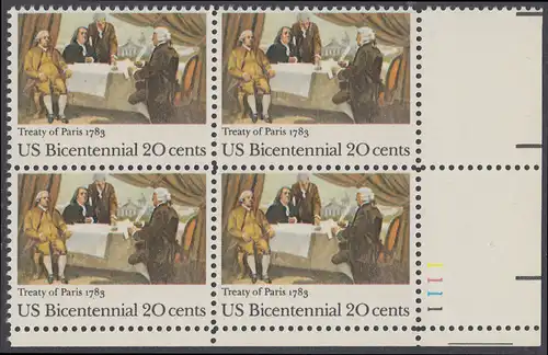 USA Michel 1650 / Scott 2052 postfrisch PLATEBLOCK ECKRAND unten rechts m/ Platten-# 1111 - 200 Jahre Unabhängigkeit (1776): Friedensvertrag von Paris (1783), John Adams, Benjamin Franklin und John Jay unterzeichnen den Vertrag