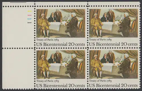 USA Michel 1650 / Scott 2052 postfrisch PLATEBLOCK ECKRAND oben links m/ Platten-# 1111 (b) - 200 Jahre Unabhängigkeit (1776): Friedensvertrag von Paris (1783), John Adams, Benjamin Franklin und John Jay unterzeichnen den Vertrag