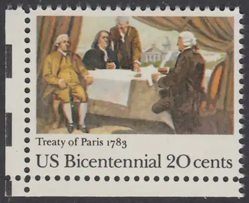 USA Michel 1650 / Scott 2052 postfrisch EINZELMARKE ECKRAND unten links - 200 Jahre Unabhängigkeit (1776): Friedensvertrag von Paris (1783), John Adams, Benjamin Franklin und John Jay unterzeichnen den Vertrag