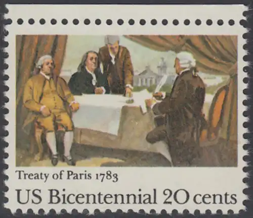 USA Michel 1650 / Scott 2052 postfrisch EINZELMARKE RAND oben (a1) - 200 Jahre Unabhängigkeit (1776): Friedensvertrag von Paris (1783), John Adams, Benjamin Franklin und John Jay unterzeichnen den Vertrag