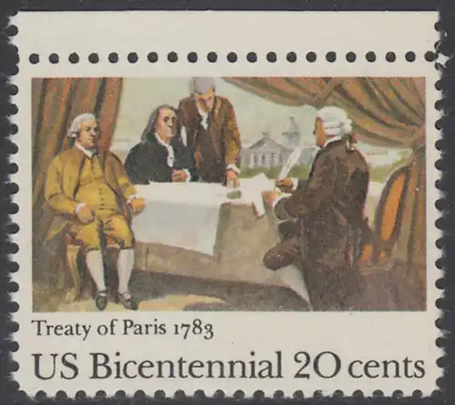USA Michel 1650 / Scott 2052 postfrisch EINZELMARKE RAND oben (a2) - 200 Jahre Unabhängigkeit (1776): Friedensvertrag von Paris (1783), John Adams, Benjamin Franklin und John Jay unterzeichnen den Vertrag