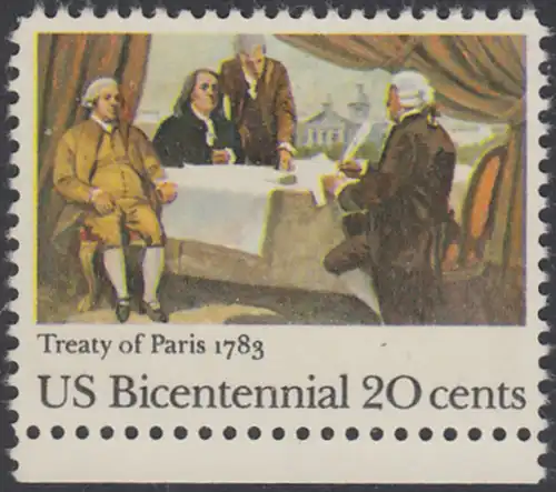USA Michel 1650 / Scott 2052 postfrisch EINZELMARKE RAND unten - 200 Jahre Unabhängigkeit (1776): Friedensvertrag von Paris (1783), John Adams, Benjamin Franklin und John Jay unterzeichnen den Vertrag