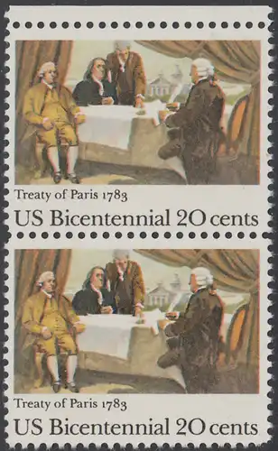 USA Michel 1650 / Scott 2052 postfrisch vert.PAAR RAND oben - 200 Jahre Unabhängigkeit (1776): Friedensvertrag von Paris (1783), John Adams, Benjamin Franklin und John Jay unterzeichnen den Vertrag