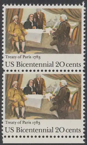 USA Michel 1650 / Scott 2052 postfrisch vert.PAAR RAND unten - 200 Jahre Unabhängigkeit (1776): Friedensvertrag von Paris (1783), John Adams, Benjamin Franklin und John Jay unterzeichnen den Vertrag
