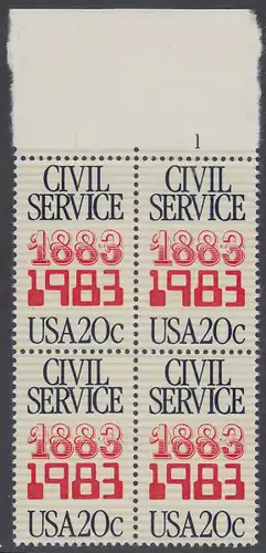 USA Michel 1651 / Scott 2053 postfrisch BLOCK RÄNDER oben m/ Platten-# 1 - 100 Jahre Gesetz über das Zivilbeamtentum