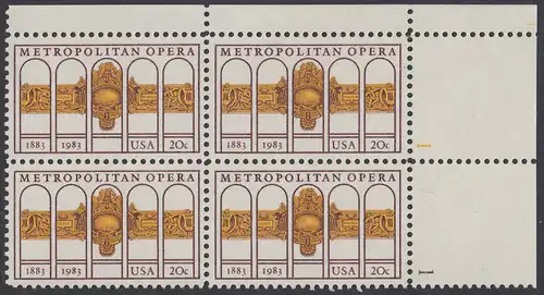 USA Michel 1652 / Scott 2054 postfrisch PLATEBLOCK ECKRAND oben rechts m/ Platten-# 1 - 100 Jahre Metropolitan Opera, New York