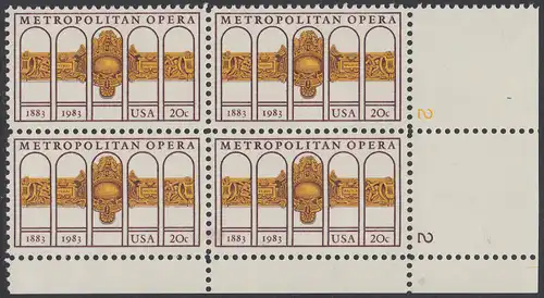 USA Michel 1652 / Scott 2054 postfrisch PLATEBLOCK ECKRAND unten rechts m/ Platten-# 2 - 100 Jahre Metropolitan Opera, New York