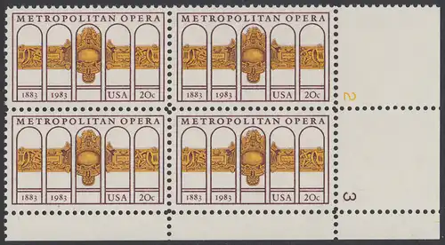 USA Michel 1652 / Scott 2054 postfrisch PLATEBLOCK ECKRAND unten rechts m/ Platten-# 3 - 100 Jahre Metropolitan Opera, New York