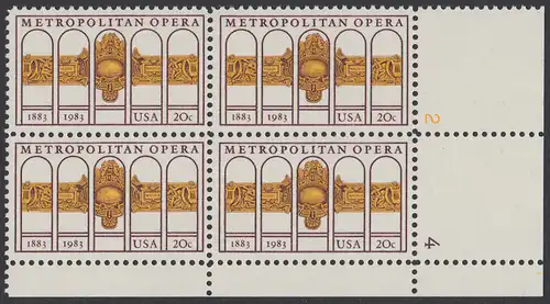 USA Michel 1652 / Scott 2054 postfrisch PLATEBLOCK ECKRAND unten rechts m/ Platten-# 4 - 100 Jahre Metropolitan Opera, New York