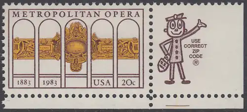 USA Michel 1652 / Scott 2054 postfrisch EINZELMARKE ECKRAND unten rechts m/ ZIP-Emblem - 100 Jahre Metropolitan Opera, New York