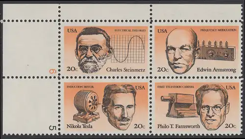 USA Michel 1653-1656 / Scott 2055-2058 postfrisch PLATEBLOCK ECKRAND oben links m/ Platten-# 6 - Erfinder