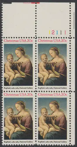 USA Michel 1663 / Scott 2063 postfrisch PLATEBLOCK ECKRAND oben rechts m/ Platten-# 12111 (f) - Weihnachten: HI. Jungfrau und Kind