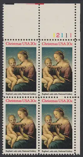 USA Michel 1663 / Scott 2063 postfrisch PLATEBLOCK ECKRAND oben rechts m/ Platten-# 12111 (d) - Weihnachten: HI. Jungfrau und Kind