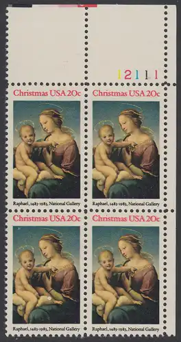 USA Michel 1663 / Scott 2063 postfrisch PLATEBLOCK ECKRAND oben rechts m/ Platten-# 12111 (c) - Weihnachten: HI. Jungfrau und Kind