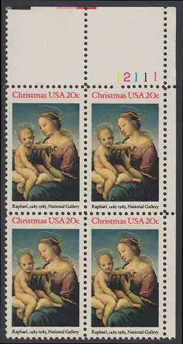 USA Michel 1663 / Scott 2063 postfrisch PLATEBLOCK ECKRAND oben rechts m/ Platten-# 12111 (b) - Weihnachten: HI. Jungfrau und Kind