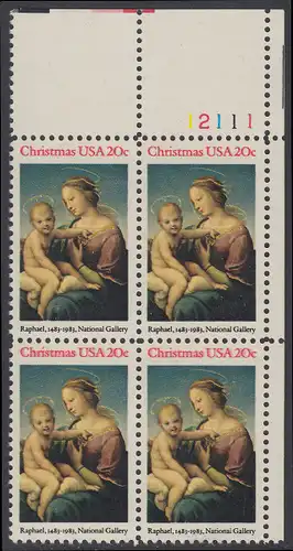 USA Michel 1663 / Scott 2063 postfrisch PLATEBLOCK ECKRAND oben rechts m/ Platten-# 12111 (e) - Weihnachten: HI. Jungfrau und Kind
