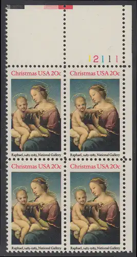 USA Michel 1663 / Scott 2063 postfrisch PLATEBLOCK ECKRAND oben rechts m/ Platten-# 12111 (a) - Weihnachten: HI. Jungfrau und Kind