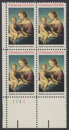 USA Michel 1663 / Scott 2063 postfrisch PLATEBLOCK ECKRAND unten links m/ Platten-# 11111 (a) - Weihnachten: HI. Jungfrau und Kind