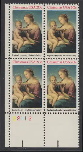 USA Michel 1663 / Scott 2063 postfrisch PLATEBLOCK ECKRAND unten links m/ Platten-# 22112 - Weihnachten: HI. Jungfrau und Kind