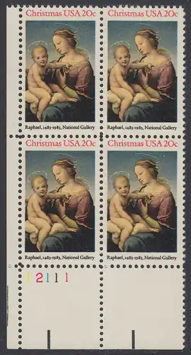 USA Michel 1663 / Scott 2063 postfrisch PLATEBLOCK ECKRAND unten links m/ Platten-# 12111 - Weihnachten: HI. Jungfrau und Kind