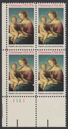USA Michel 1663 / Scott 2063 postfrisch PLATEBLOCK ECKRAND unten links m/ Platten-# 11111 (b) - Weihnachten: HI. Jungfrau und Kind
