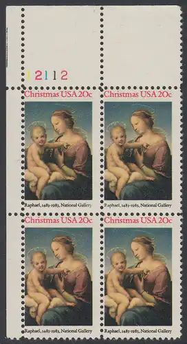 USA Michel 1663 / Scott 2063 postfrisch PLATEBLOCK ECKRAND oben links m/ Platten-# 12112 - Weihnachten: HI. Jungfrau und Kind