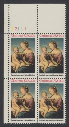 USA Michel 1663 / Scott 2063 postfrisch PLATEBLOCK ECKRAND oben links m/ Platten-# 12111 - Weihnachten: HI. Jungfrau und Kind