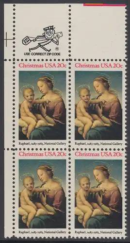USA Michel 1663 / Scott 2063 postfrisch ZIP-BLOCK (ul/a2) - Weihnachten: HI. Jungfrau und Kind