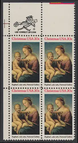 USA Michel 1663 / Scott 2063 postfrisch ZIP-BLOCK (ul/a1) - Weihnachten: HI. Jungfrau und Kind
