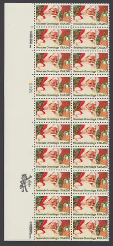 USA Michel 1664 / Scott 2064 postfrisch vert.PLATEBLOCK(20) RÄNDER links m/ Platten-# 22322 - Weihnachten: Weihnachtsmann