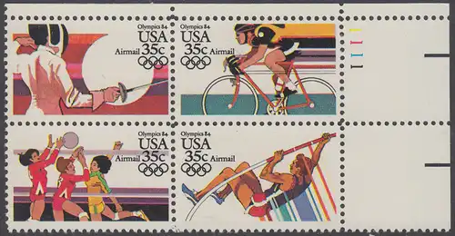 USA Michel 1665-1668 / Scott C109-C112 postfrisch PLATEBLOCK ECKRAND oben rechts m/ Platten-# 1111 (a) - Luftpost: Olympische Sommerspiele 1984, Los Angeles
