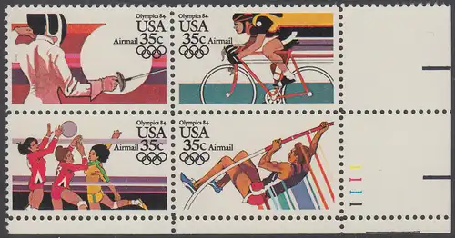 USA Michel 1665-1668 / Scott C109-C112 postfrisch PLATEBLOCK ECKRAND unten rechts m/ Platten-# 1111 - Luftpost: Olympische Sommerspiele 1984, Los Angeles