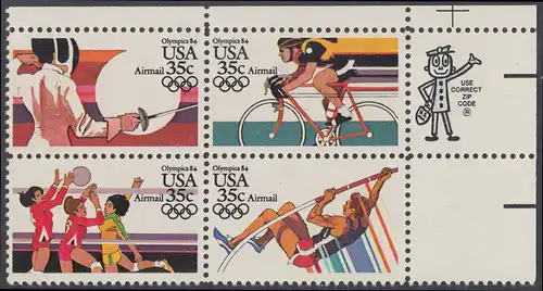 USA Michel 1665-1668 / Scott C109-C112 postfrisch ZIP-BLOCK (ur) - Luftpost: Olympische Sommerspiele 1984, Los Angeles