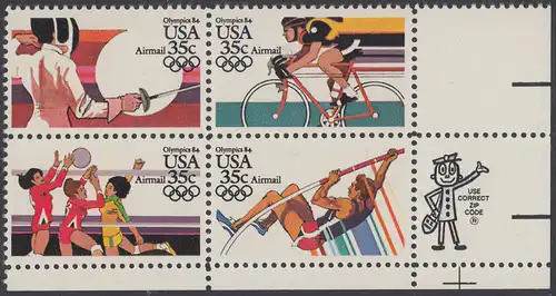 USA Michel 1665-1668 / Scott C109-C112 postfrisch ZIP-BLOCK (lr/a) - Luftpost: Olympische Sommerspiele 1984, Los Angeles