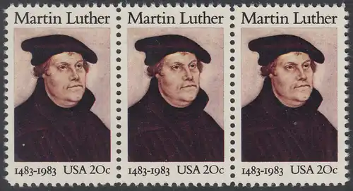 USA Michel 1669 / Scott 2065 postfrisch horiz.STRIP(3) - 500. Geburtstag von Martin Luther (1483-1546), deutscher Reformator