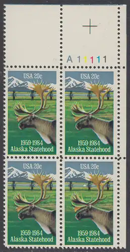 USA Michel 1670 / Scott 2066 postfrisch PLATEBLOCK ECKRAND oben rechts m/ Platten-# A11111 - 25 Jahre Staat Alaska: Karibu