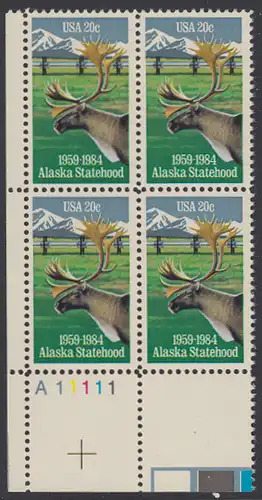 USA Michel 1670 / Scott 2066 postfrisch PLATEBLOCK ECKRAND unten links m/ Platten-# A11111 - 25 Jahre Staat Alaska: Karibu