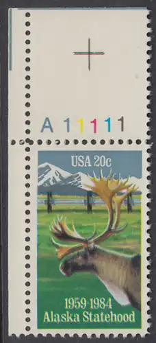 USA Michel 1670 / Scott 2066 postfrisch EINZELMARKE ECKRAND oben links m/ Platten-# A11111 - 25 Jahre Staat Alaska: Karibu