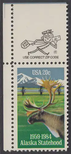 USA Michel 1670 / Scott 2066 postfrisch EINZELMARKE ECKRAND oben links m/ ZIP-Emblem - 25 Jahre Staat Alaska: Karibu