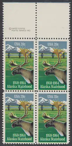 USA Michel 1670 / Scott 2066 postfrisch BLOCK RÄNDER oben m/ copyright symbol - 25 Jahre Staat Alaska: Karibu