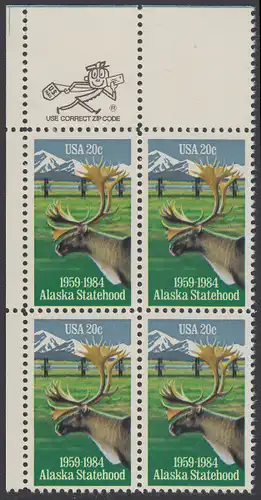 USA Michel 1670 / Scott 2066 postfrisch ZIP-BLOCK (ul) - 25 Jahre Staat Alaska: Karibu