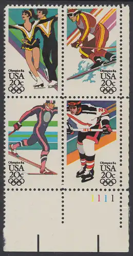 USA Michel 1671-1674 / Scott 2067-2070 postfrisch PLATEBLOCK ECKRAND unten rechts m/ Platten-# 1111 - Olympische Winterspiele, Sarajevo