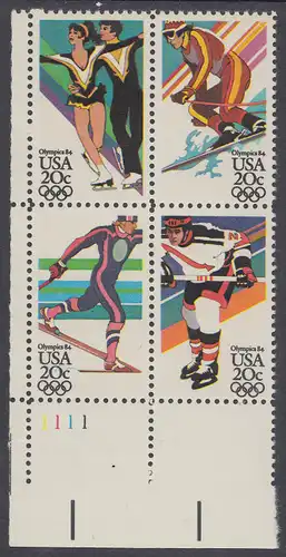 USA Michel 1671-1674 / Scott 2067-2070 postfrisch PLATEBLOCK ECKRAND unten links m/ Platten-# 1111 - Olympische Winterspiele, Sarajevo