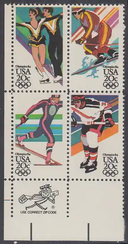 USA Michel 1671-1674 / Scott 2067-2070 postfrisch ZIP-BLOCK (ll) - Olympische Winterspiele, Sarajevo